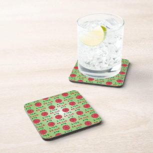 Modern Green and Red Love, Peace, Joy quote Coaster