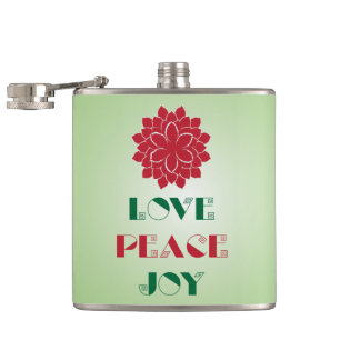 Modern Green and Red Love, Peace, Joy quote Hip Flask