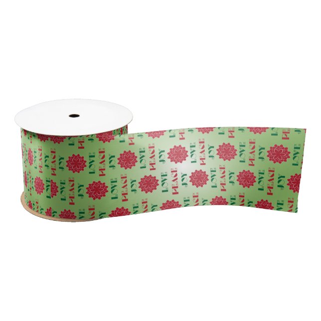 Modern Green and Red Love, Peace, Joy quote Satin Ribbon (Spool)