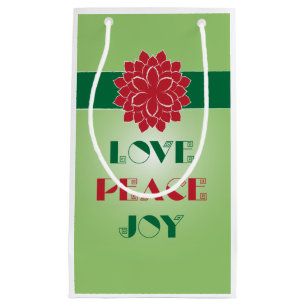 Modern Green and Red Love, Peace, Joy quote Small Gift Bag