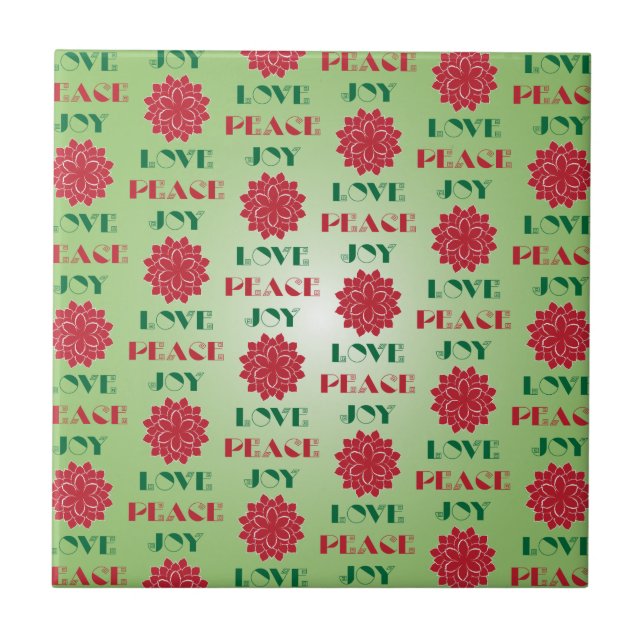 Modern Green and Red Love, Peace, Joy quote Tile (Front)