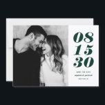 Modern Green and White Bold Date Typography Photo Save The Date<br><div class="desc">Modern Green and White Bold Date Typography Photo Save the Date | A customisable save the date flat card featuring bold typography and stripes pattern. This stylish photo save the date card is perfect for any wedding theme and any season. Personalise by adding your photo and wedding details. You can...</div>