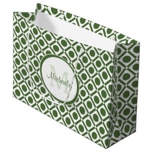 Modern Green and White Geometric Monogrammed Name Large Gift Bag