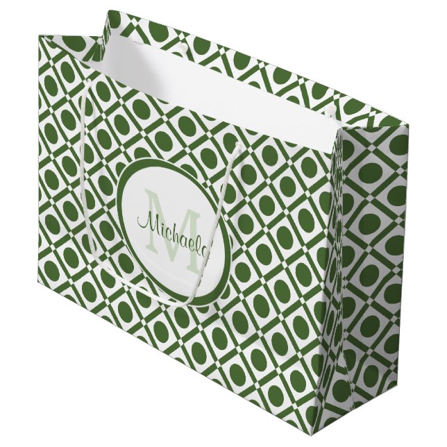 Modern Green and White Geometric Monogrammed Name Large Gift Bag (Front Angled)
