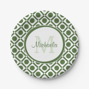 Modern Green and White Geometric Monogrammed Name Paper Plate