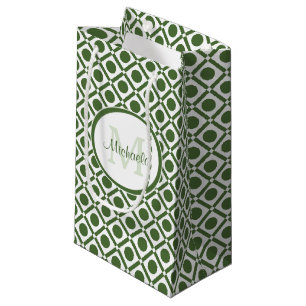 Modern Green and White Geometric Monogrammed Name Small Gift Bag