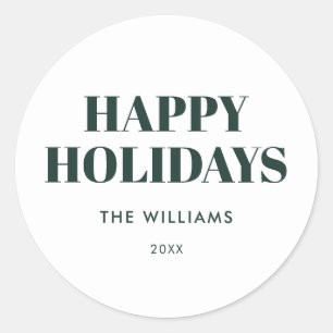 Modern Green and White Happy Holidays Classic Round Sticker