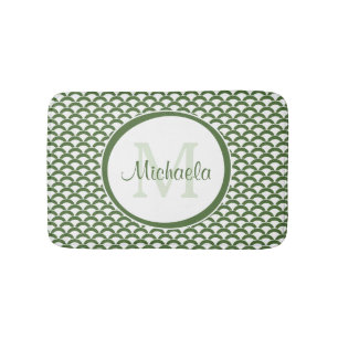 Modern Green and White Scallops Monogram and Name Bath Mat