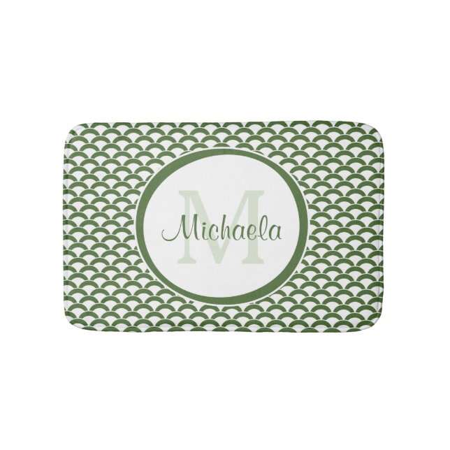 Modern Green and White Scallops Monogram and Name Bath Mat (Front)