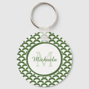 Modern Green and White Scallops Monogram and Name Key Ring
