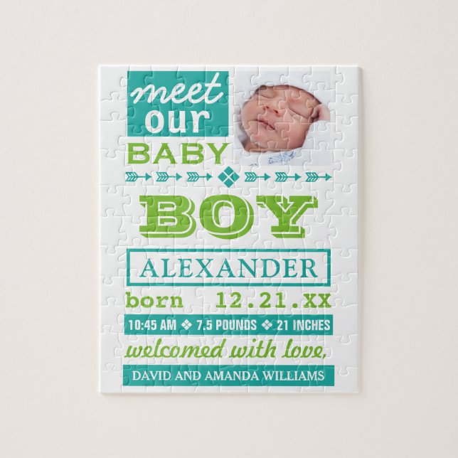 Modern Green Baby Boy Photo Birth Announcement Jigsaw Puzzle (Vertical)