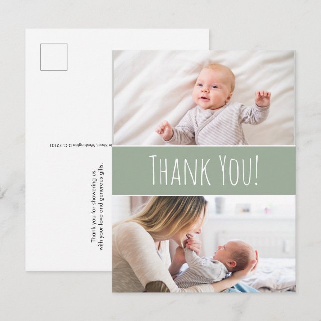 Modern Green Baby boy shower Cute Thank you Announcement Postcard (Front/Back)