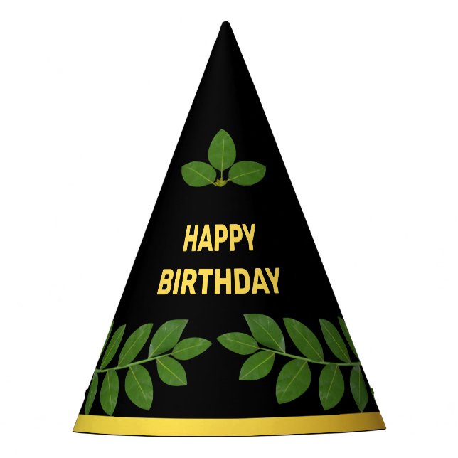 Modern Green Bay Leaves Birthday on Black Party Hat (Front)