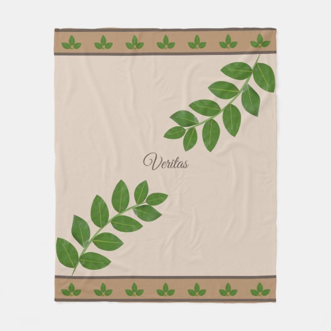 Modern Green Bay Leaves on Beige Fleece Blanket (Front)