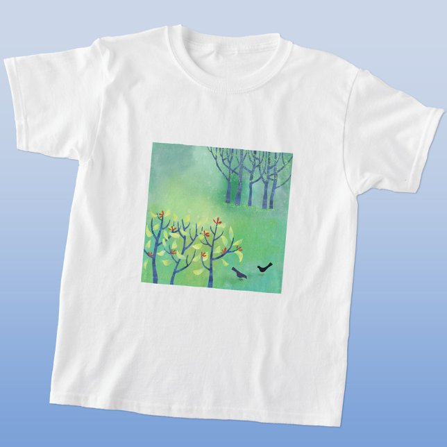 Modern Green Birds in Woodland Painting T-Shirt (Green landscape art t-shirt)
