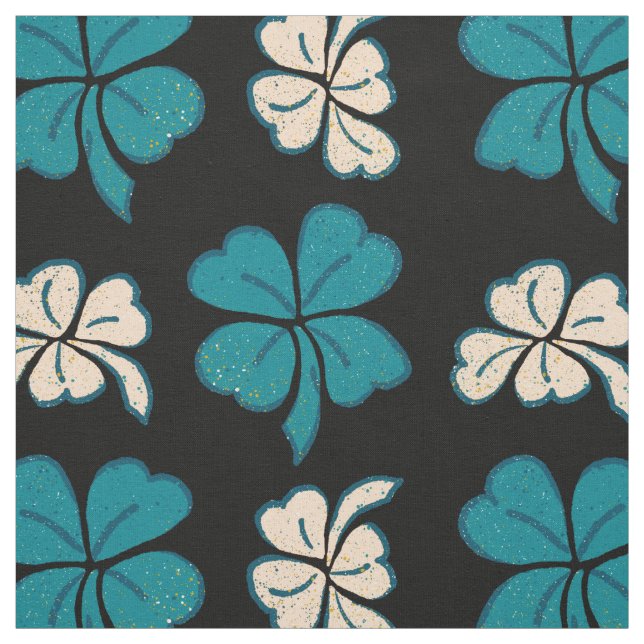 Modern Green Black Clover Shamrock Drawing Pattern Fabric (Swatch)