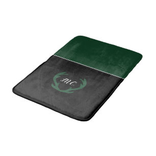 Modern Green Black Deer Antlers Monogram Bath Mat