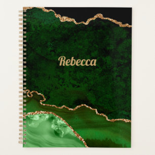 Modern Green Black & Gold Agate Personalise Planner