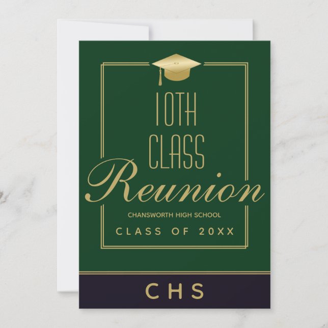 Modern Green Black Gold Script 10th Class Reunion Invitation (Front)