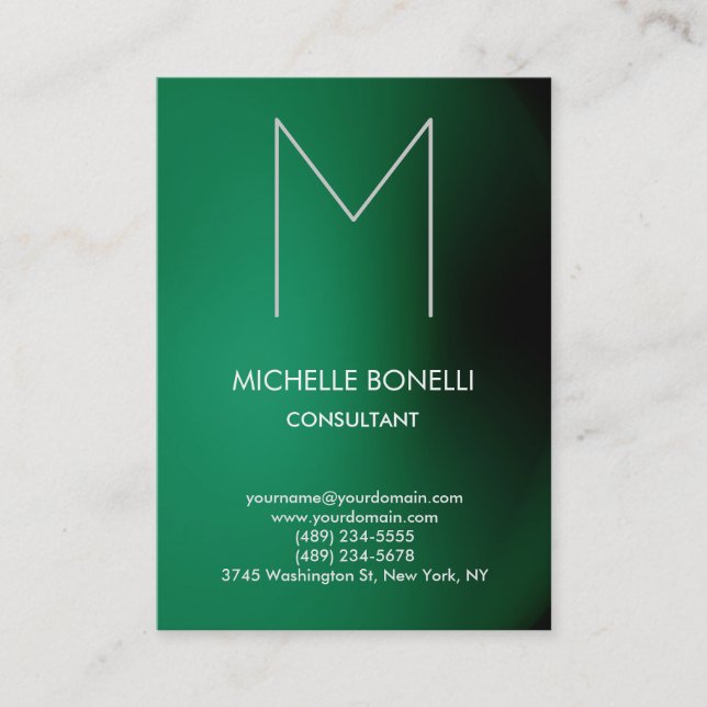 Modern green black monogram business card (Front)