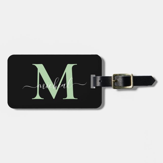 Modern Green & Black Monogram Script Name Luggage Tag (Front Horizontal)