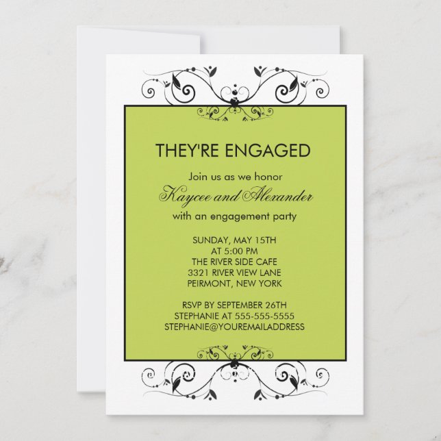 Modern Green & Black Scroll Engagement Invitations (Front)