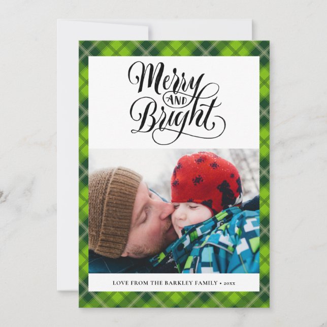 Modern Green Black Tartan Plaid Fun Script Simple Holiday Card (Front)