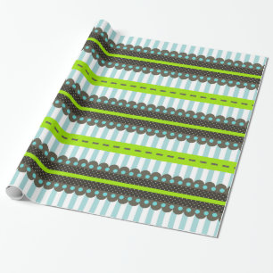 Modern Green, Blue, Brown Stripes & Dots Pattern Wrapping Paper