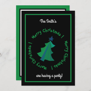 Modern Green Blue Christmas Tree on Black Invitation
