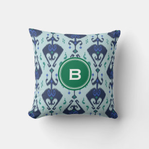 Modern green blue ikat tribal pattern monogram cushion