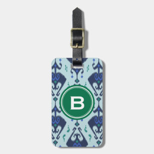 Modern green blue ikat tribal pattern monogram luggage tag