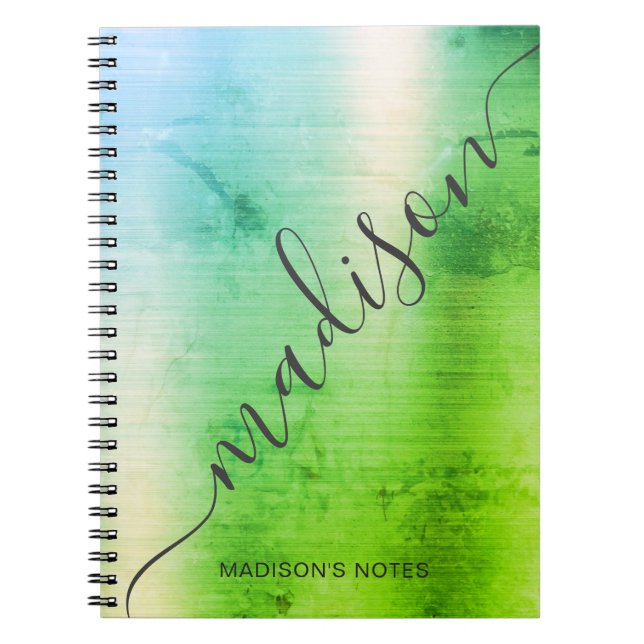 Modern Green Blue Ombre Metal Monogram Script Notebook (Front)
