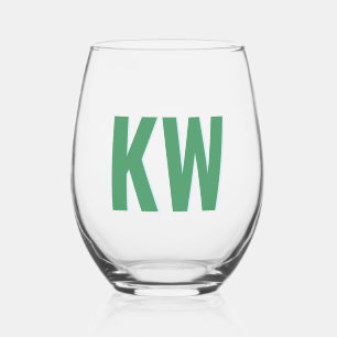 Modern Green Blue Shadow Monogram Personalised Stemless Wine Glass