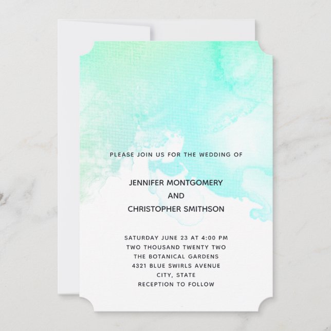Modern Green & Blue Watercolor Simple Wedding Invitation (Front)