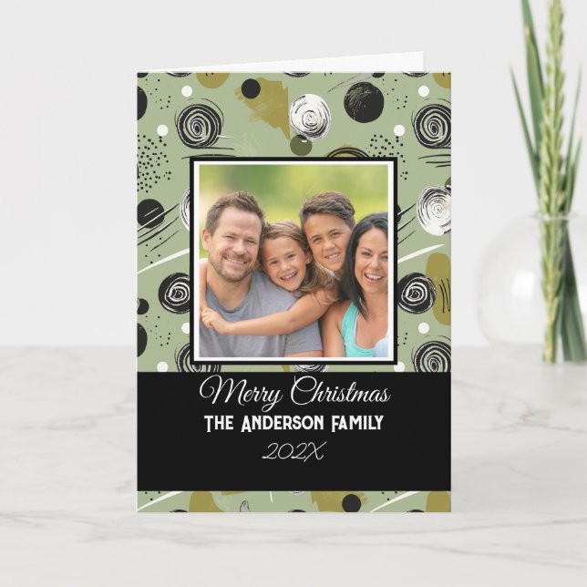 Modern Green Boho Abstract Christmas Family Photo Card (Front)
