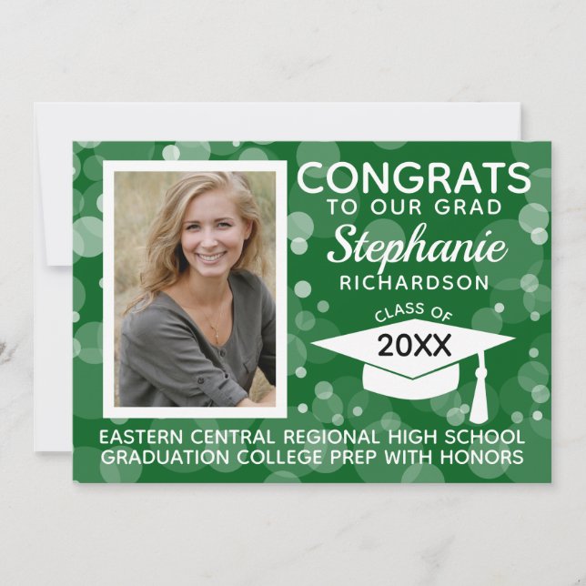 Modern Green Bokeh Bubbles Photo Graduation Invitation (Front)
