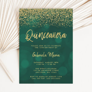 Modern Green Bokeh Gold Glitter Quinceanera Invitation