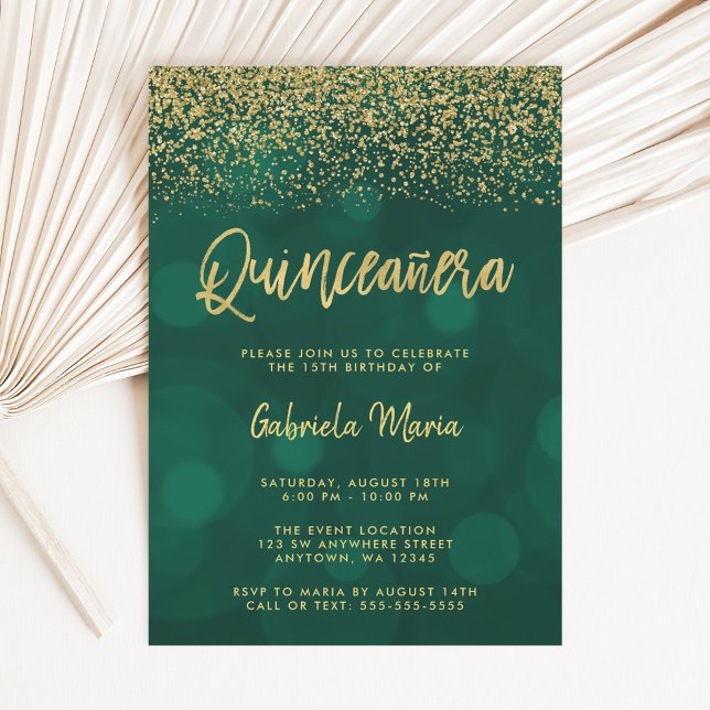 Modern Green Bokeh Gold Glitter Quinceanera Invitation (Creator Uploaded)