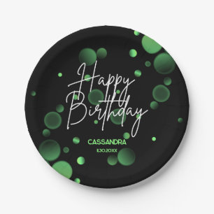Modern Green Bokeh Gradient Black Happy Birthday Paper Plate