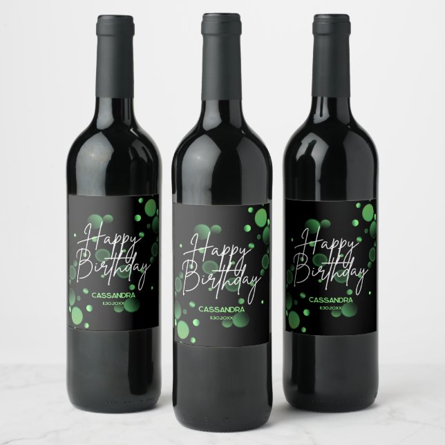 Modern Green Bokeh Gradient Black Happy Birthday Wine Label (Bottles)