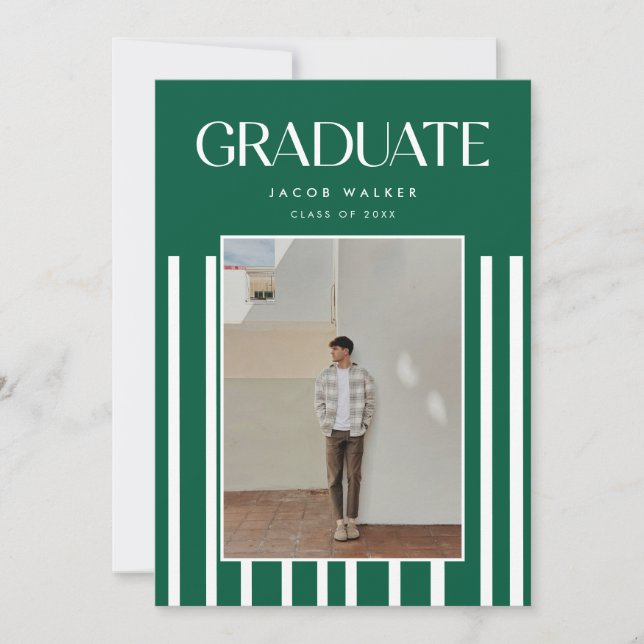 Modern Green Bold 2-Photo Striped Graduation Party Invitation (Front)