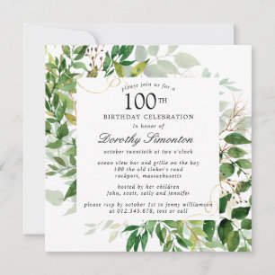 Modern Green Botanical 100th Birthday Invitation