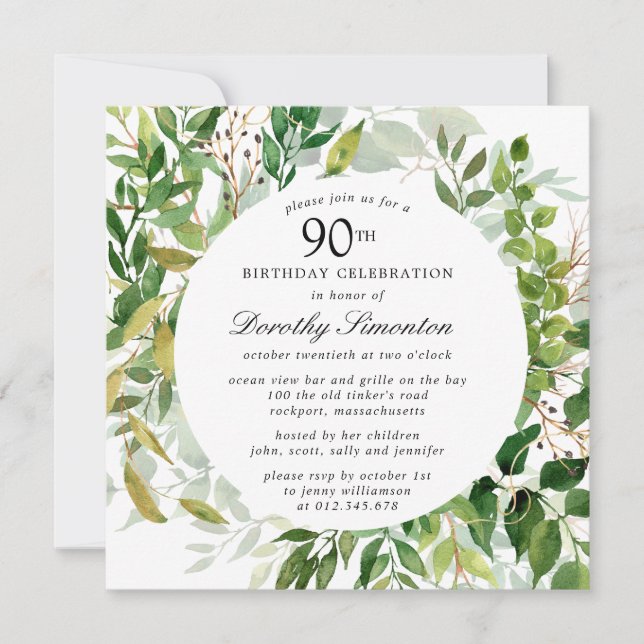 Modern Green Botanical 90th Birthday Invitation (Front)