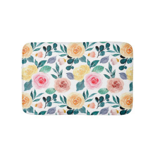 Modern Green Botanical Blush Pink Floral Pattern Bath Mat