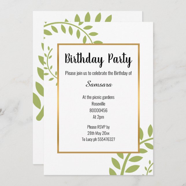 MODERN GREEN BOTANICAL FERN WHITE GOLD BIRTHDAY INVITATION (Front/Back)