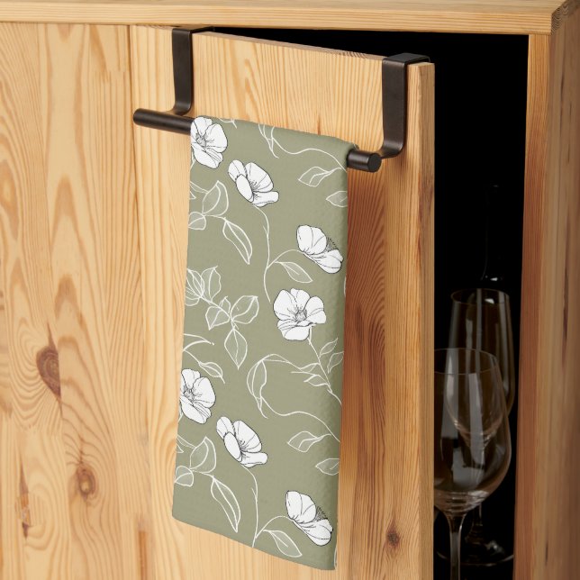 Modern Green Botanical Flowers Floral Pattern Tea Towel (Thirds Fold)