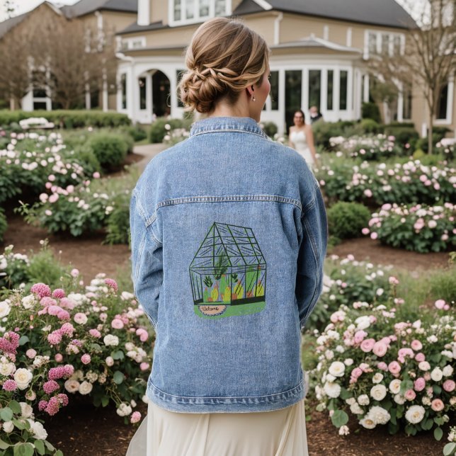 Modern Green Botanical Green House Pink Denim Jacket (Wedding Back)