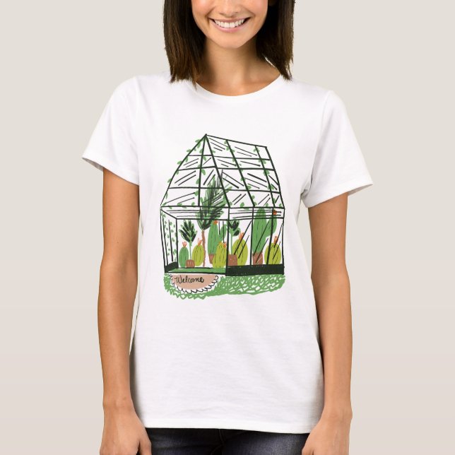 Modern Green Botanical Green House Pink T-Shirt (Front)