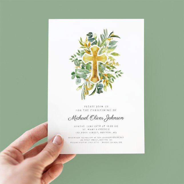 Modern Green Botanical Greenery Cross Christening Invitation (Creator Uploaded)