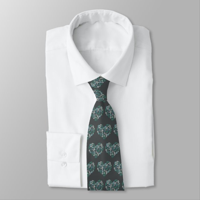 Modern Green Botanical Hearts Pattern on Grey Tie (Tied)